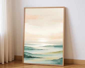 Pastel Watercolor Landscape Print, Abstract Rolling Hills Art (Digital Download)