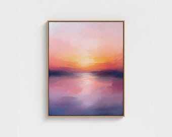 Lienzo enmarcado abstracto con puesta de sol, impresión giclée, paisaje marino en tonos pastel, arte del horizonte, decoración de pared oceánica
