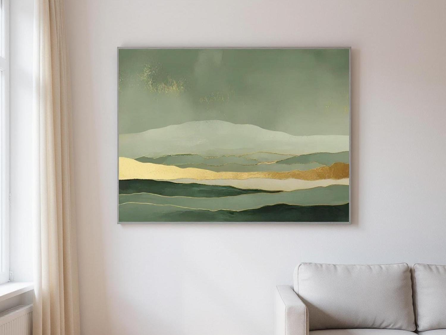Matcha Hills Japandi Landscape Print | Sage Green Gold Minimalist Mountain Wall Art | Modern Wabi-Sabi Decor Large Horizontal Painting