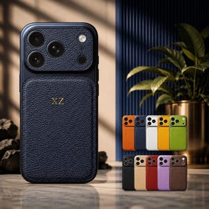 Peut inclure: Une coque de smartphone bleu foncé avec une finition texturée façon cuir et les lettres XZ embossées en doré. La coque présente un module photo proéminent avec trois objectifs et un flash. Une collection de dix autres coques est visible.