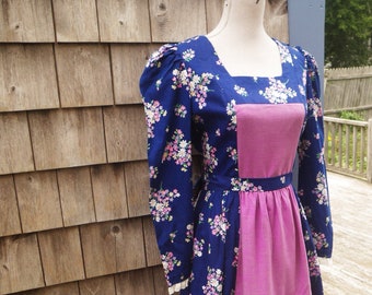 1970s Purple & Blue Floral Long Sleeve Prairie Dress, Teen Girl, Handmade, Gunne Sax Style, Full Length Maxi