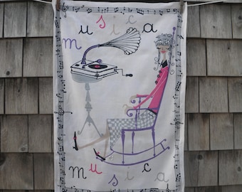 1960s Milvia &quot;Musica&quot; Italian Tea Towel, Woman Listening to Gramophone Record Player, Zucchi Telerie Milano