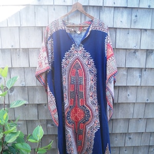 1970s Long Dashiki Caftan Tunic, Angel Sleeves, Maxi Length, Robe, Dress,  Small to Medium