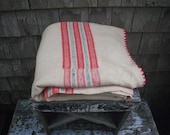 Antique Homespun Center Seam Linsey Woolsey Wool Blanket - Cream with Red Pink Stripes and Edging