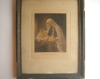 Early 1900s Carved & Gilt Wood Frame, 7 3/4" x 9 3/4", Sepia Madonna and Child Print