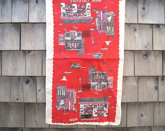 New Orleans French Market Linen Towel, 1960s, Never Used, Pink, Red, Gray, Black, White, Suzanne Meister