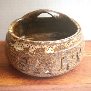Vintage Brown Pottery Salt Dish, Hanging Loop, Barn Swallow Newfield Maine Stoneware