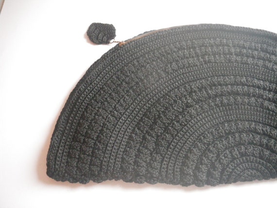 1940s Very Large Black Crochet Semi-Circle Clutch… - image 4