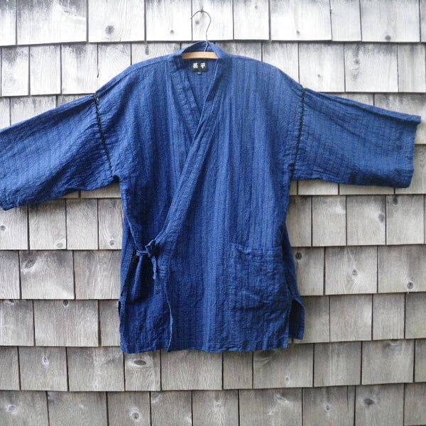 Blue Kimono Wrap Top Jacket Cotton Blend Seersucker Puckered Fabric Open Net Seams Mens Womens