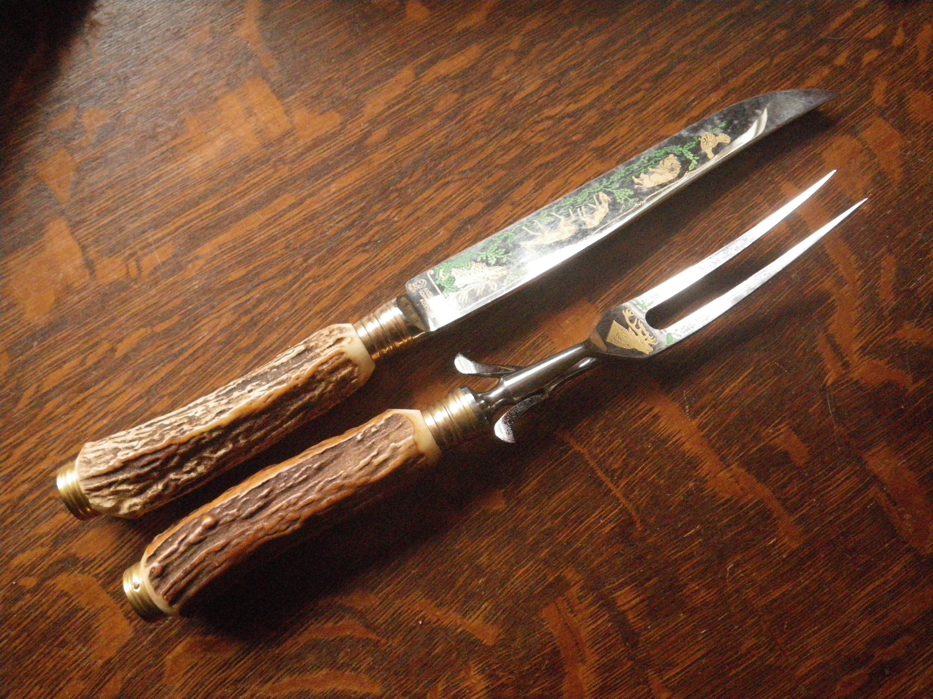 ANTIQUE LEE'S set of 3 antler Carving knife set with STERLING SILVER overlay