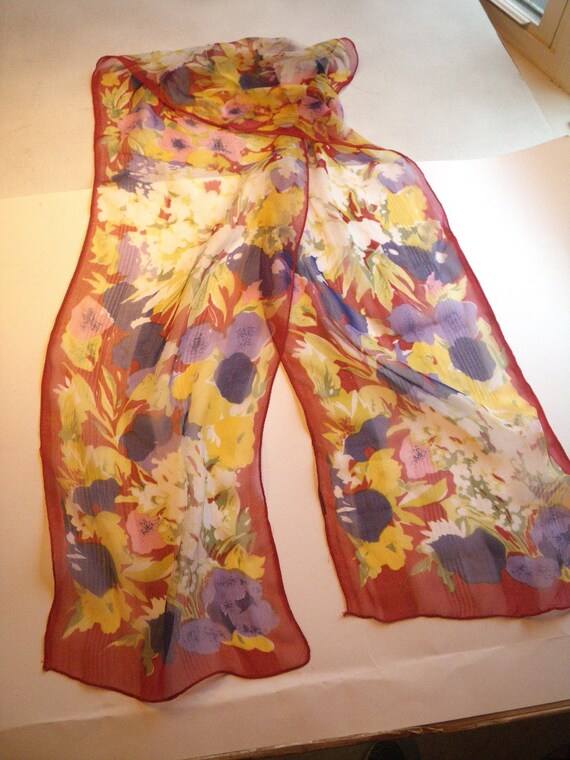 1970s Long Colorful Sheer Floral Scarf, 10" x 67",