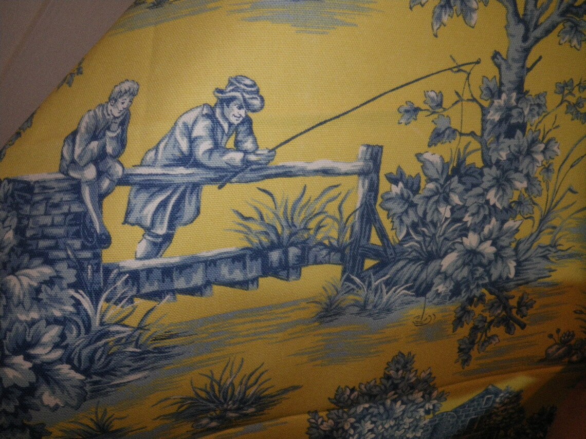 Yellow & Blue Toile Cotton Fabric 2 1/2 Yards Etsy