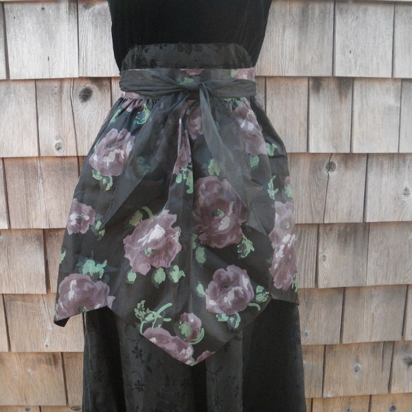 Smoky Purple Roses Hostess Apron, Black Satin Acetate, Reversible, Fancy Hem Points, Goth Girl