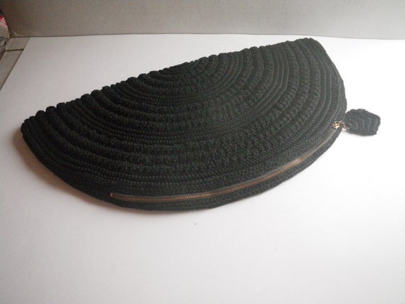 1940s Very Large Black Crochet Semi-Circle Clutch… - image 9