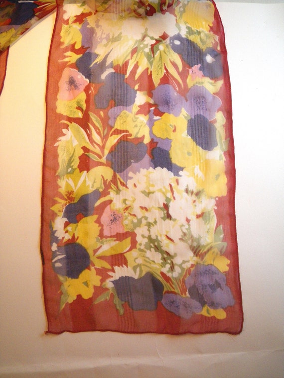 1970s Long Colorful Sheer Floral Scarf, 10" x 67"… - image 4