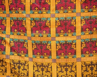 Long Handwoven Tablecloth, 52x84, Deer Design, Reversible, Orange Gold, Red, Black, Green, Linen Cotton