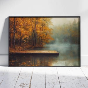 Japanische Landschaft Wand Kunst Poster - Nebliger Herbst See mit goldenem Laub, druckbares Ölgemälde für ruhiges Haus oder Büro Dekor