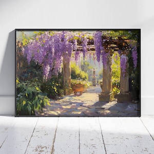 Glyzinien Garten Wand Kunst Japanisches Landschaftskunst Poster - Ruhiger Garten mit Glyzinien, druckbare Wandkunst, Ölmalerei Stil, Japandi Decor
