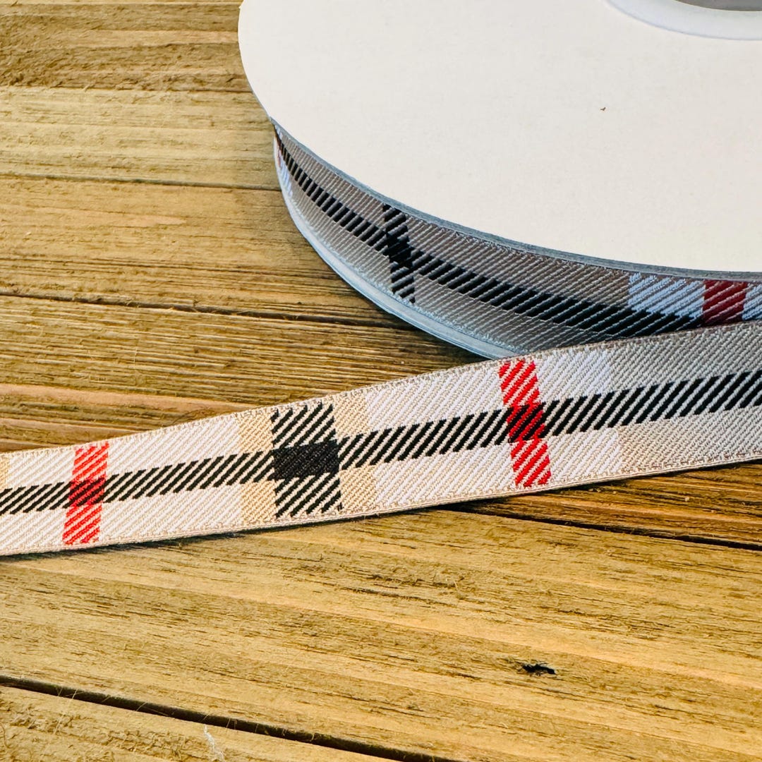 Garment Ribbon 5/8 Winter Plaid Jacquard Ribbon, Tan Plaid Woven Ribbon, Garment ...