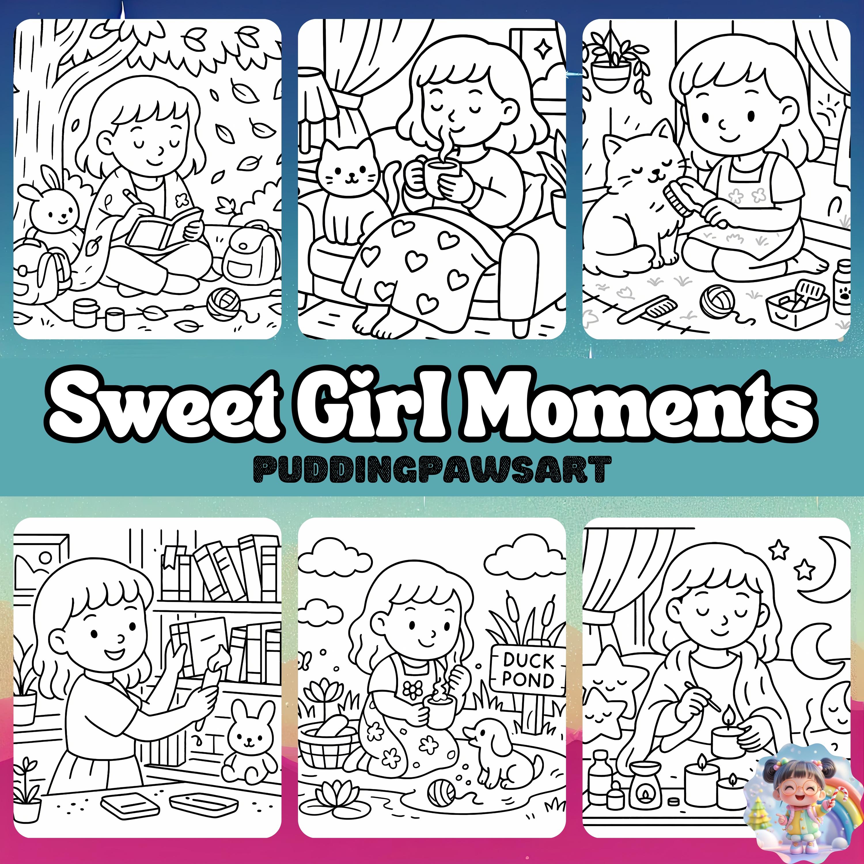 Sweet Girl Moments Libro de Colorear – Páginas en negrita y fáciles de imprimir, PDF digital compatible con Procreate, 6 diseños acogedores