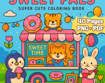 Könnte beinhalten: Bunte Illustration für ein Malbuch mit dem Titel "SWEET PALS". Das Bild zeigt einen Imbisswagen mit Zeichentieren, Donuts und Eis. Der Text enthält "SUPER CUTE COLORING BOOK", "40 Pages PNG+PDF" und "SWEET TIME".