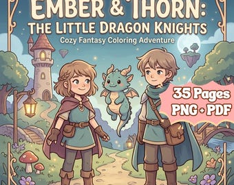Ember & Thorn: The Little Dragon Knight Coloring Book, 42 Printable Page, Digital Download PDF PNG, Cozy Fantasy Adventure, Digital Coloring