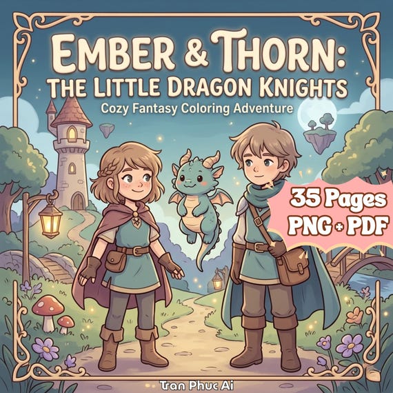 Ember & Thorn: The Little Dragon Knight Coloring Book, 42 Printable Page, Digital Download PDF PNG, Cozy Fantasy Adventure, Digital Coloring
