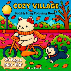 Cozy Village Bold & Easy Coloring Book, Digital Download 39 Pages PDF PNG, Cozy and Cute, Printable Coloring for Adults and Kid, Cute Simple