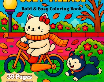 Cozy Village Bold & Easy Coloring Book, Digital Download 39 Pages PDF PNG, Cozy and Cute, Printable Coloring for Adults and Kid, Cute Simple