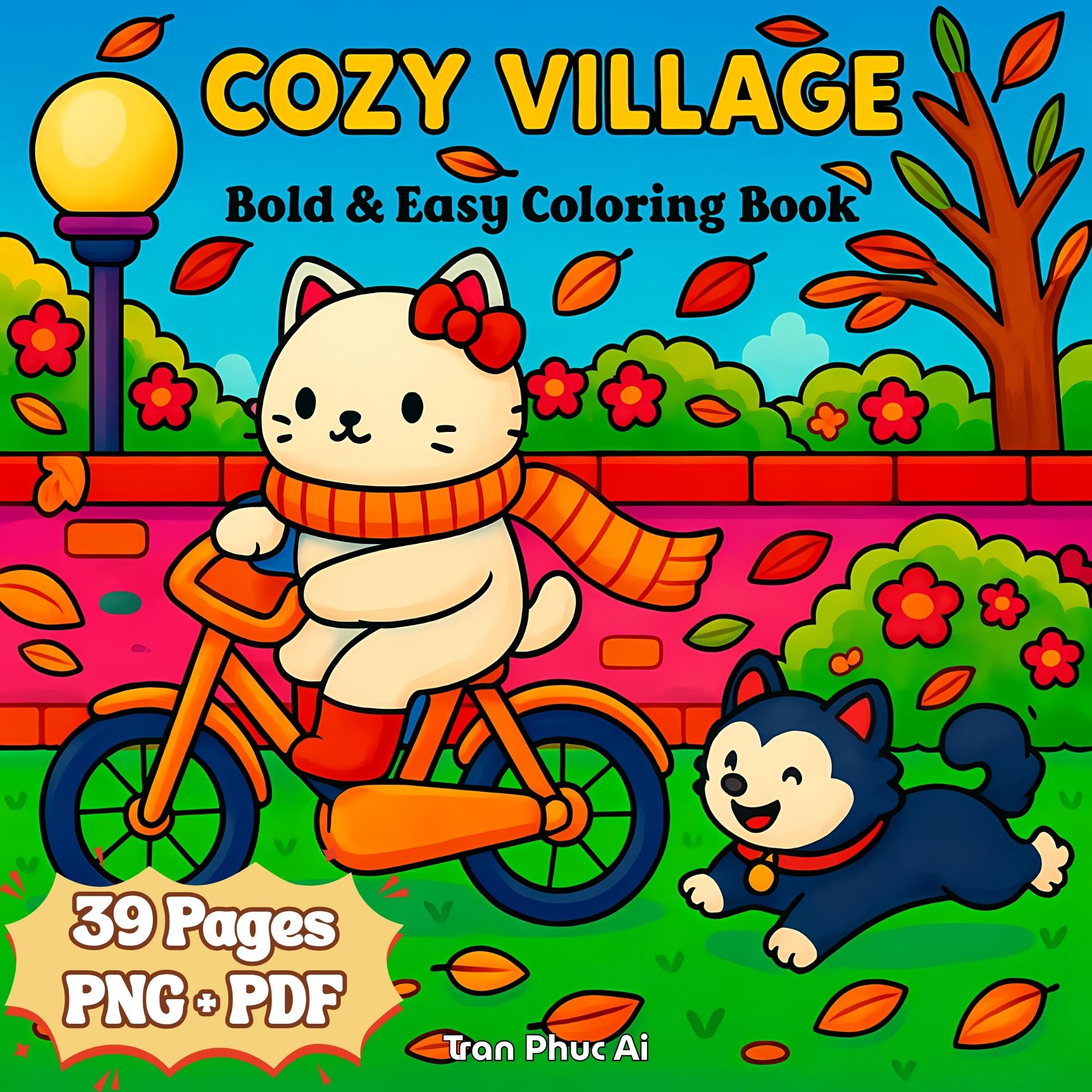 Cozy Village Libro para Colorear Bold & Easy – Descarga Digital PDF/PNG, 39 páginas simples y lindas para niños y adultos, arte imprimible antiestrés