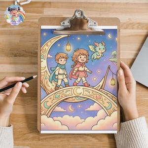 May include: A clipboard holding a colorful illustration of two children walking on a crescent moon bridge with a small green dragon flying nearby. The scene features a starry purple sky, hanging lanterns, and soft clouds in a whimsical fantasy style.