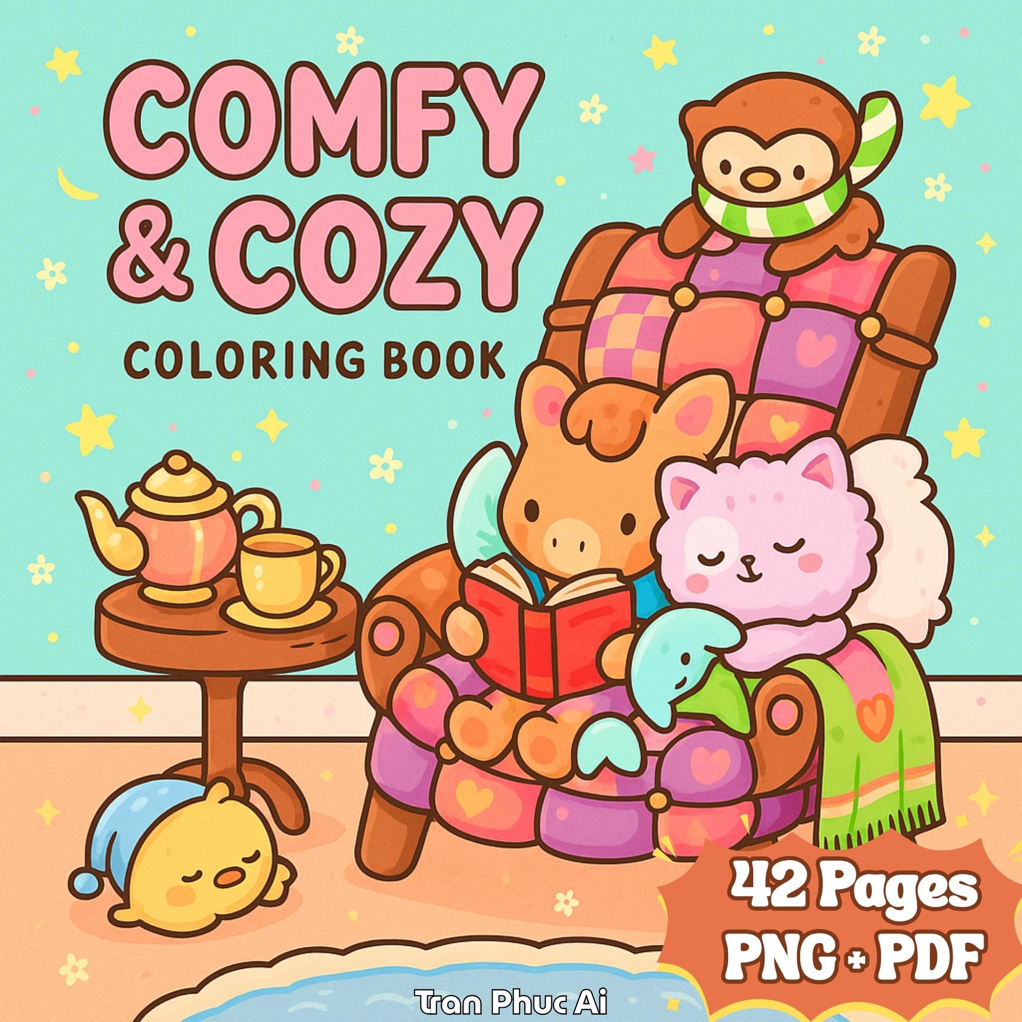 Cozy Moments Coloring Book for Adults, 42 Printable Pages, Instant Digital Download PDF PNG, Bold Easy Coloring Sheets