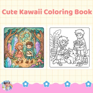 May include: A coloring book featuring the text Cute Kawaii Coloring Book. The left page shows a colored illustration of two children and a small dragon in a crystal forest. The right page shows a black and white line art version of the scene.