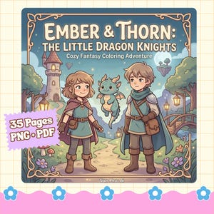 May include: A coloring book cover titled Ember & Thorn: The Little Dragon Knights, featuring two characters and a small dragon in a fantasy landscape with a castle, trees, and a bridge. The text 35 Pages PNG + PDF is displayed on the left side.