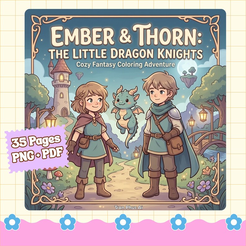 May include: A coloring book cover titled Ember & Thorn: The Little Dragon Knights, featuring two characters and a small dragon in a fantasy landscape with a castle, trees, and a bridge. The text 35 Pages PNG + PDF is displayed on the left side.