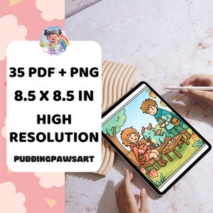 May include: A digital tablet displaying a colorful illustration of two children and a small dragon sitting at a wooden table. The text on the left reads 35 PDF + PNG 8.5 X 8.5 IN HIGH RESOLUTION PUDDINGPAWSART. The image features a light color palette.