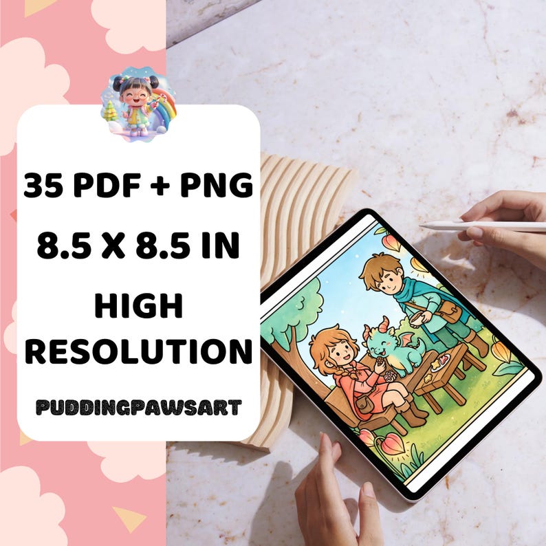 May include: A digital tablet displaying a colorful illustration of two children and a small dragon sitting at a wooden table. The text on the left reads 35 PDF + PNG 8.5 X 8.5 IN HIGH RESOLUTION PUDDINGPAWSART. The image features a light color palette.