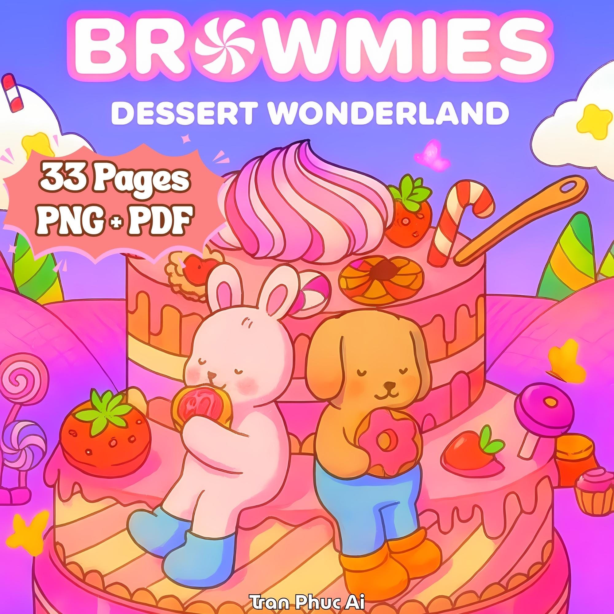 Cute Coloring Book PDF PNG, Bold & Easy Printable for Adult Stress Relief, Browmies Dessert Wonderland 33 Pages Coloring, Digital Download