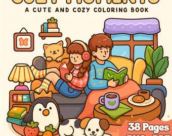 Cozy Moments Coloring Book, 38 Printable Pages for Kid Adult, Instant Digital Download, Coloring Pages, Relax Digital Coloring, Gift for Her