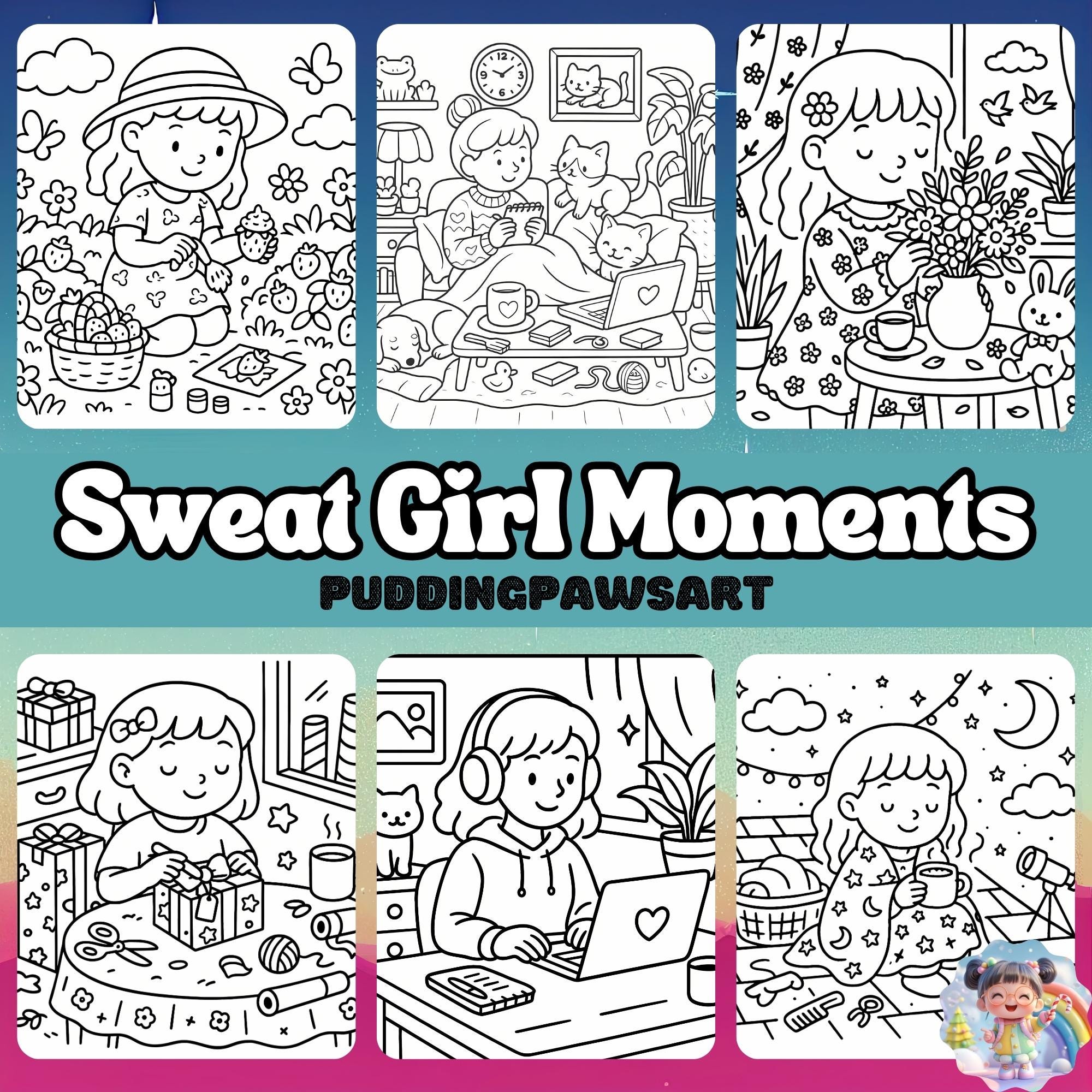 Sweet Girl Moments Libro para Colorear — Páginas imprimibles con trazos gruesos y fáciles, PDF digital compatible con Procreate, 6 diseños relajantes dibujados a mano