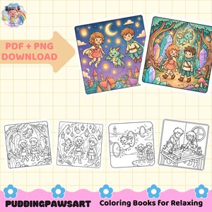 May include: A digital coloring book set featuring two colored illustrations and four black and white line art pages. The images depict two children and a small green dragon in fantasy settings, including a night sky, a crystal forest, and a map.