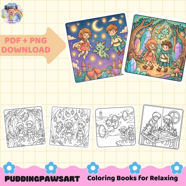 May include: A digital coloring book set featuring two colored illustrations and four black and white line art pages. The images depict two children and a small green dragon in fantasy settings, including a night sky, a crystal forest, and a map.