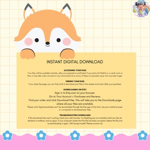 May include: A digital graphic featuring a stylized orange and white fox peeking over a yellow rectangular box containing text instructions for an instant digital download. The background has a white grid pattern and a pink scalloped border at the bottom.
