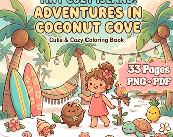 Tiny Cozy Island Coloring Book, 33 Printable Pages for Kids Adults, Instant Digital Download, Tropical Beach Coloring Pages,Digital Coloring
