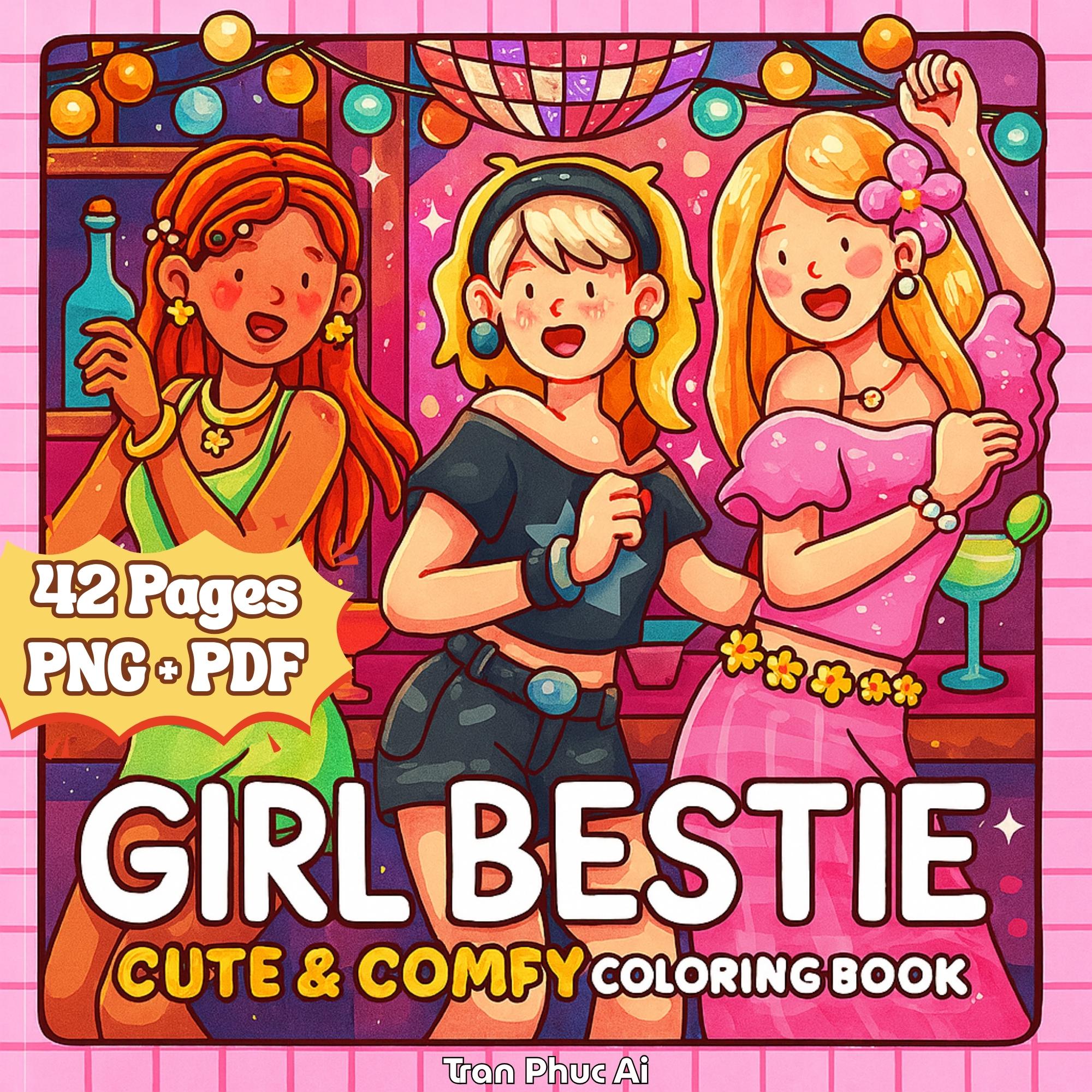 Girl Bestie Coloring Book – 42 Printable Pages for Kids & Adults, Cute Cozy Friendship Art, Digital Download PDF & PNG