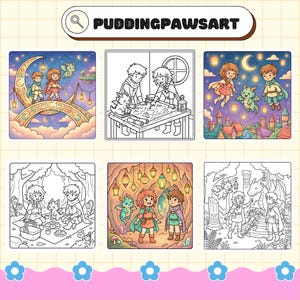 May include: A digital coloring book page featuring the text PUDDINGPAWSART at the top, displaying six distinct panels with line art and full-color illustrations of two children and a small dragon in various fantasy settings like a moon, cave, and village.