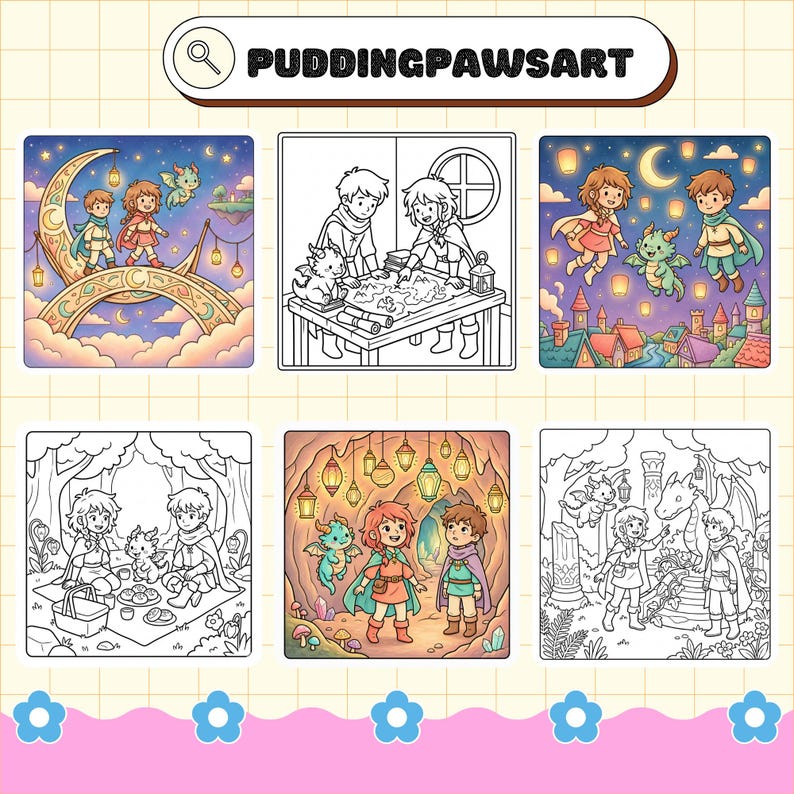 May include: A digital coloring book page featuring the text PUDDINGPAWSART at the top, displaying six distinct panels with line art and full-color illustrations of two children and a small dragon in various fantasy settings like a moon, cave, and village.