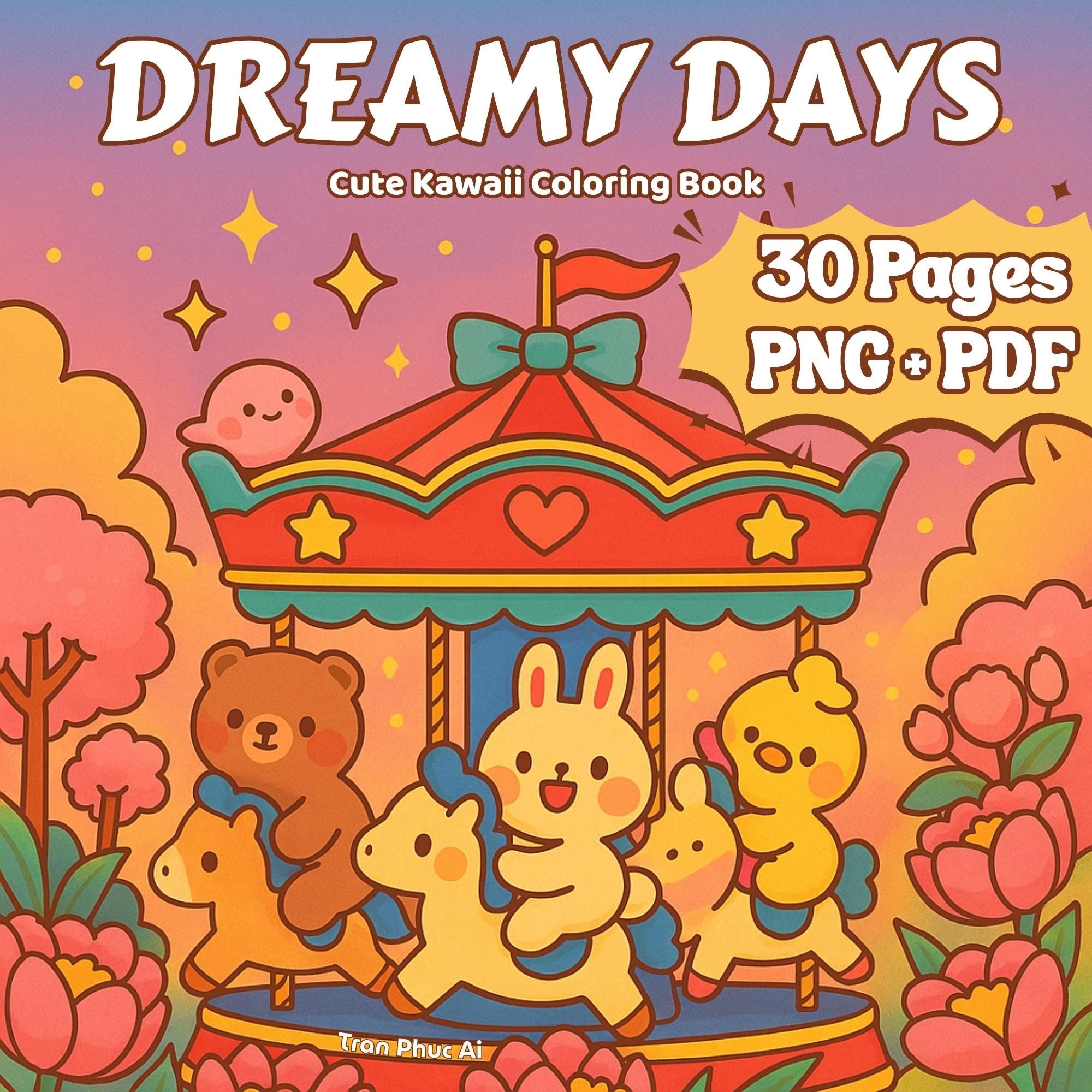 Dreamy Days Kawaii Coloring Book – 30 Bold & Easy Printable Pages for Kids & Adults, Digital Download for Stress Relief