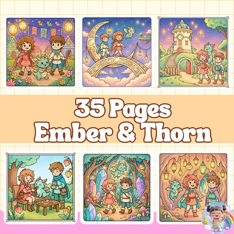 May include: A 35-page coloring book titled Ember & Thorn featuring six illustrations of two children and a small dragon in various fantasy settings, including a village, a crescent moon bridge, a castle, a forest, and a glowing cave.