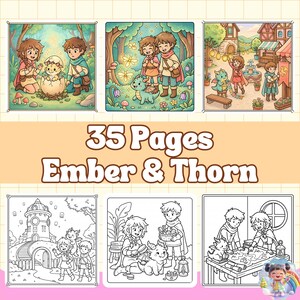 May include: A 35-page coloring book titled Ember & Thorn featuring illustrations of two children and a small dragon. The pages include colored examples and black-and-white line art showing the characters in a forest, a village, and a castle.